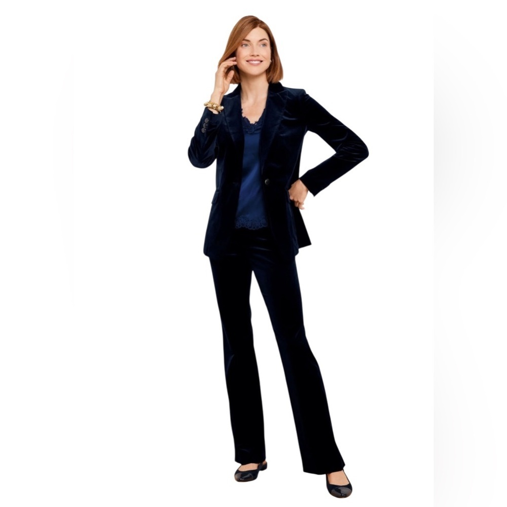 NWT Talbots 2 piece Midnight navy Blue velveteen single button Pantsuit size 14p